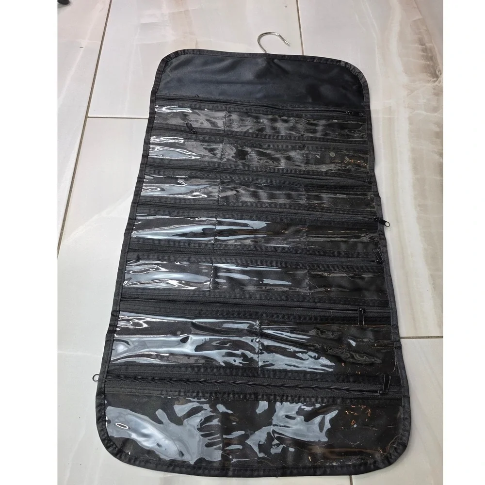 Black Hanging Jewelry Organizer Zippered Clear Pockets‎ Travel Storage 23x13 S3